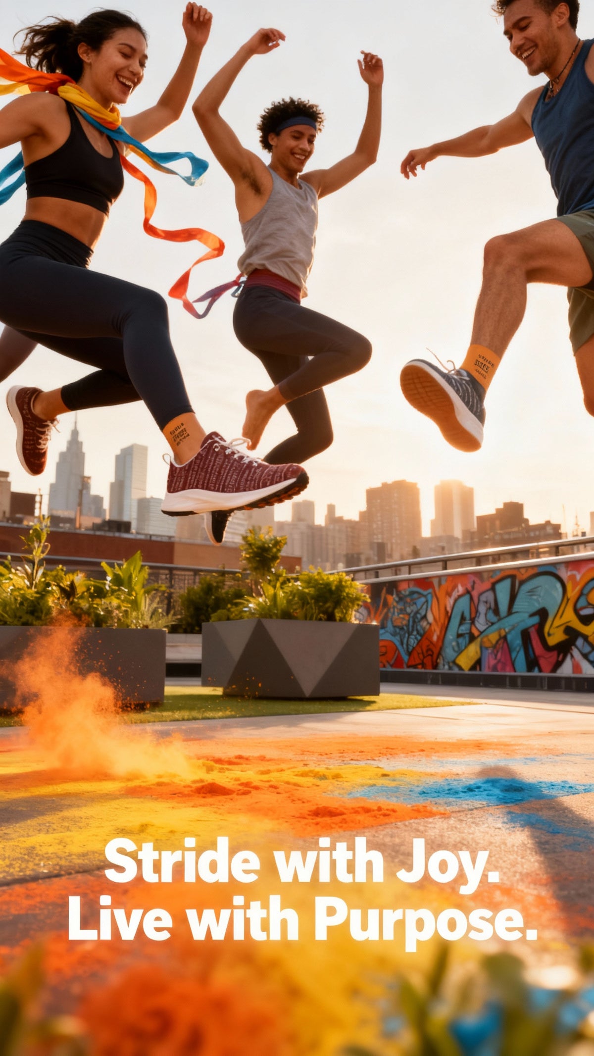 Three models jump in urban surroundings, showcasing the Bikram Ember iSquared Women Runners in burgundy with reflective accents.