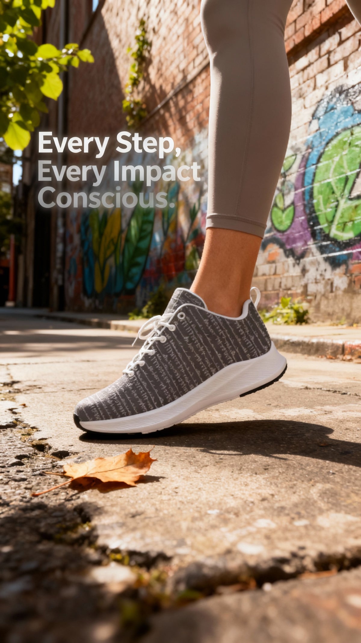 Bikram Ember iSquared Women Runners in grey with white detailing, resting on a city sidewalk next to a fallen leaf.