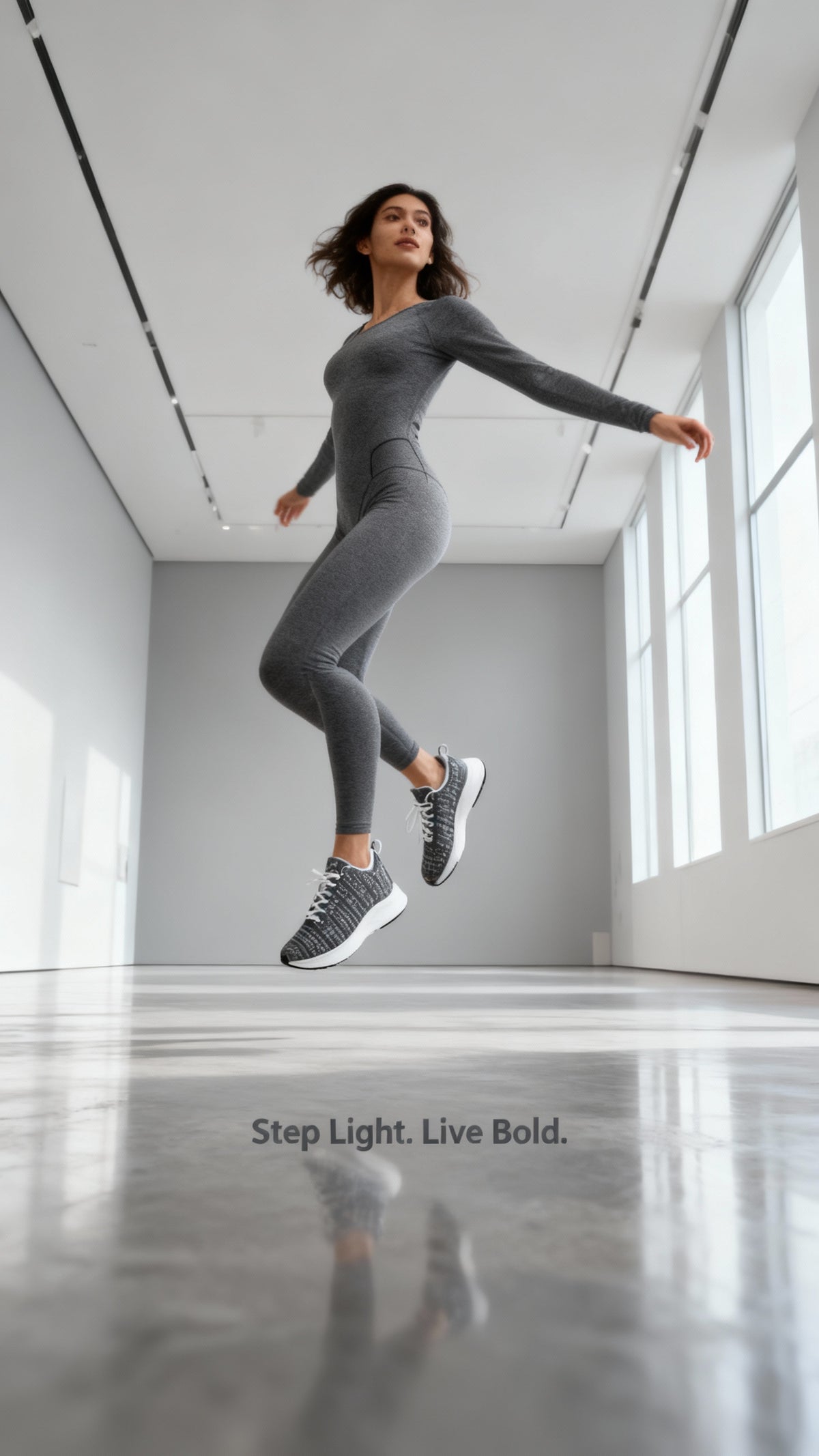 A model in a grey long-sleeve bodysuit jumps gracefully, wearing black and white iSquared Runners with reflective details.