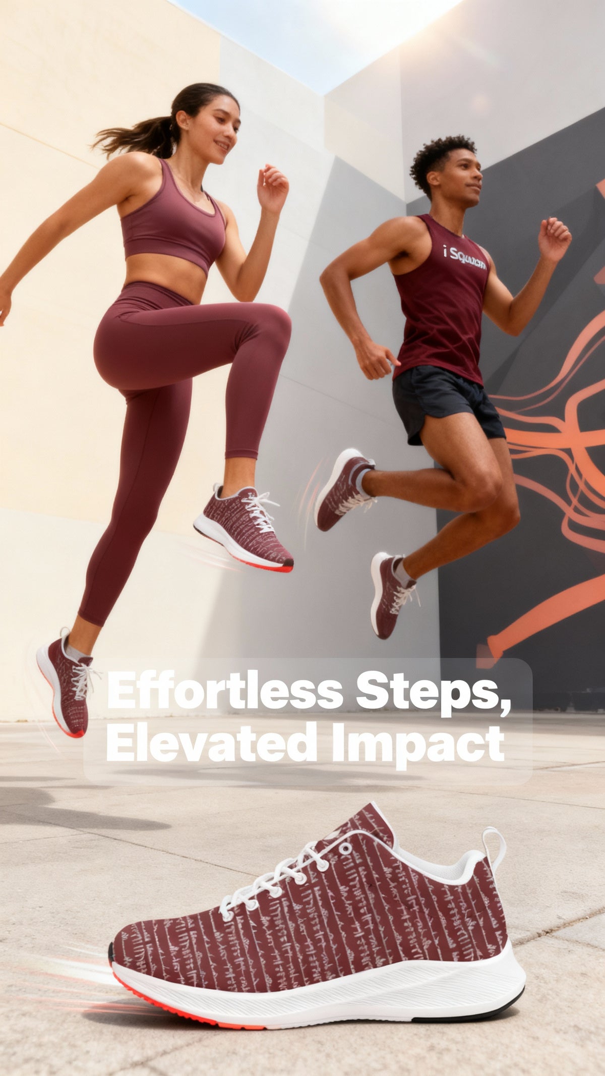 Bikram Ember iSquared Runners in dark red with white accents, worn by models in active poses, showcasing comfort and style.