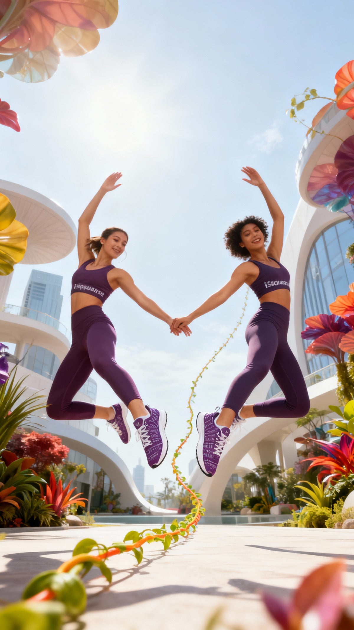 Women are jumping together, wearing matching purple iSquared Runners and purple yoga outfits, surrounded by vibrant flowers.