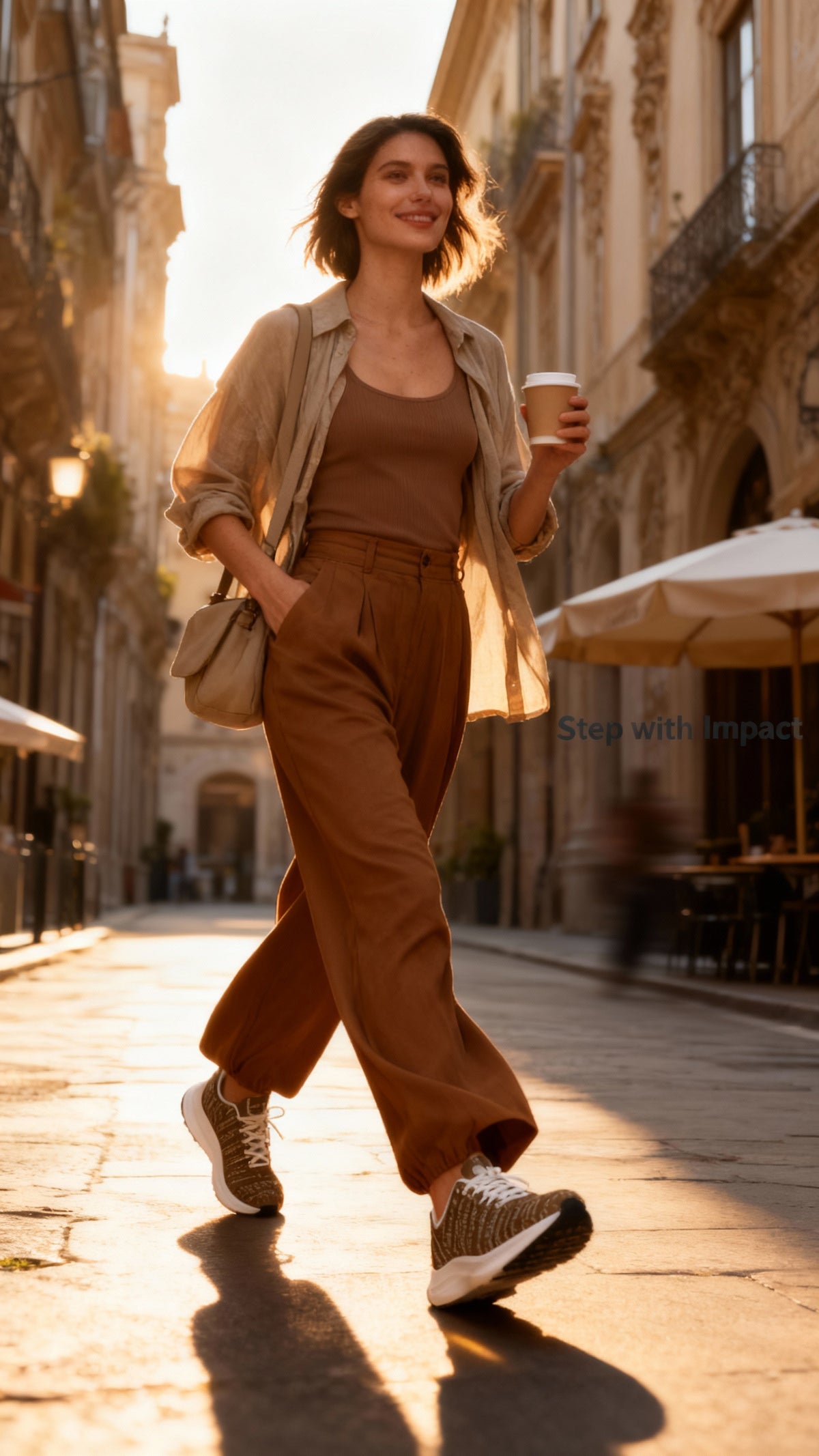Bikram Ember iSquared Women Runners in brown and white, worn with brown wide-leg pants and a beige shirt, walking in sunlight.