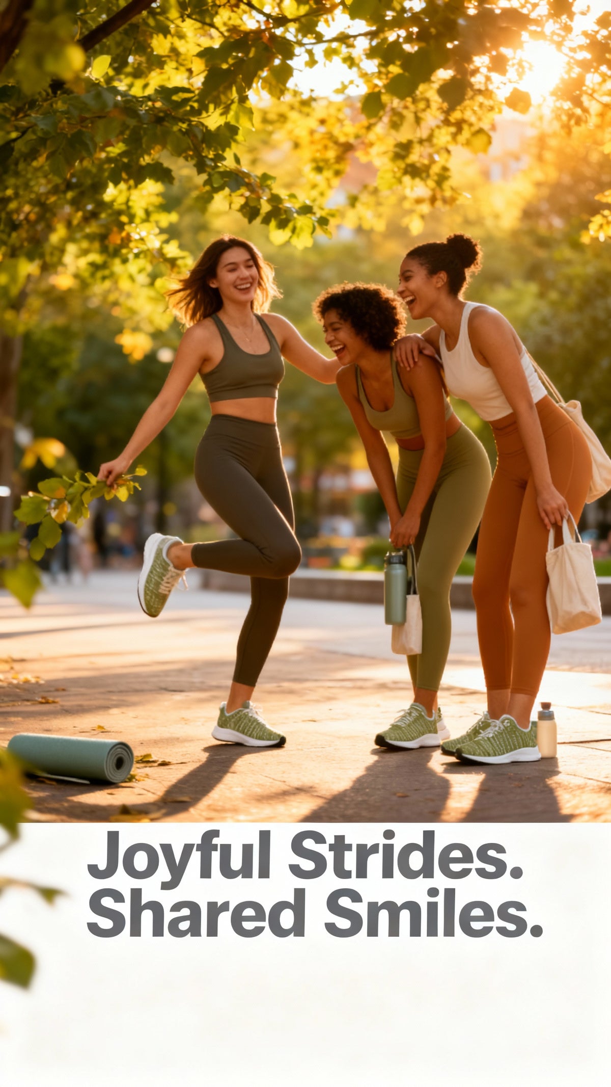 Women are wearing the Bikram Ember iSquared Runners in a park, with one leg raised playfully. The shoes are green with a textured pattern, paired with various activewear in earthy tones.