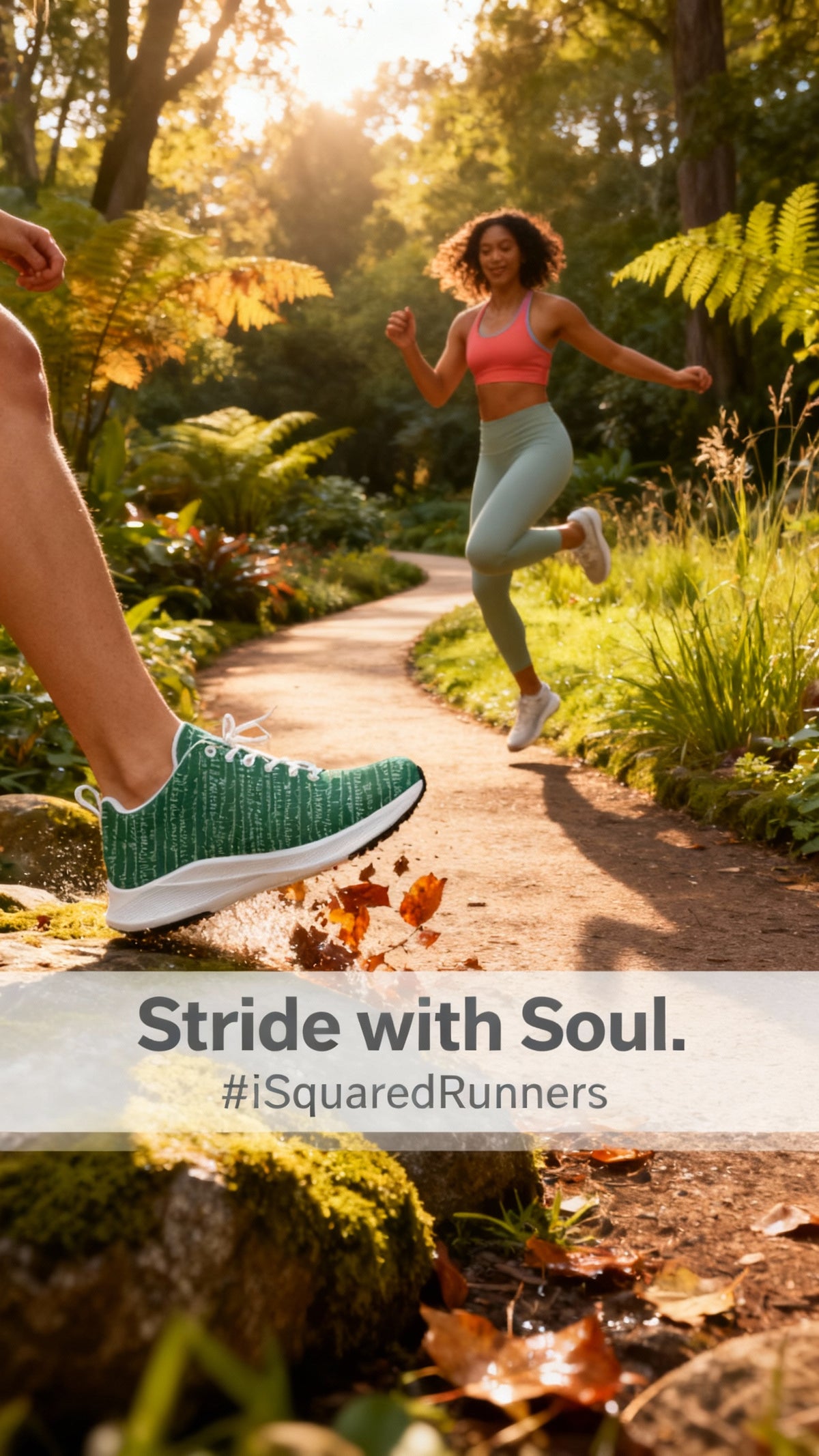 Green faux suede iSquared Runners in action on a forest path, with a woman in a pink crop top and yoga pants running nearby.