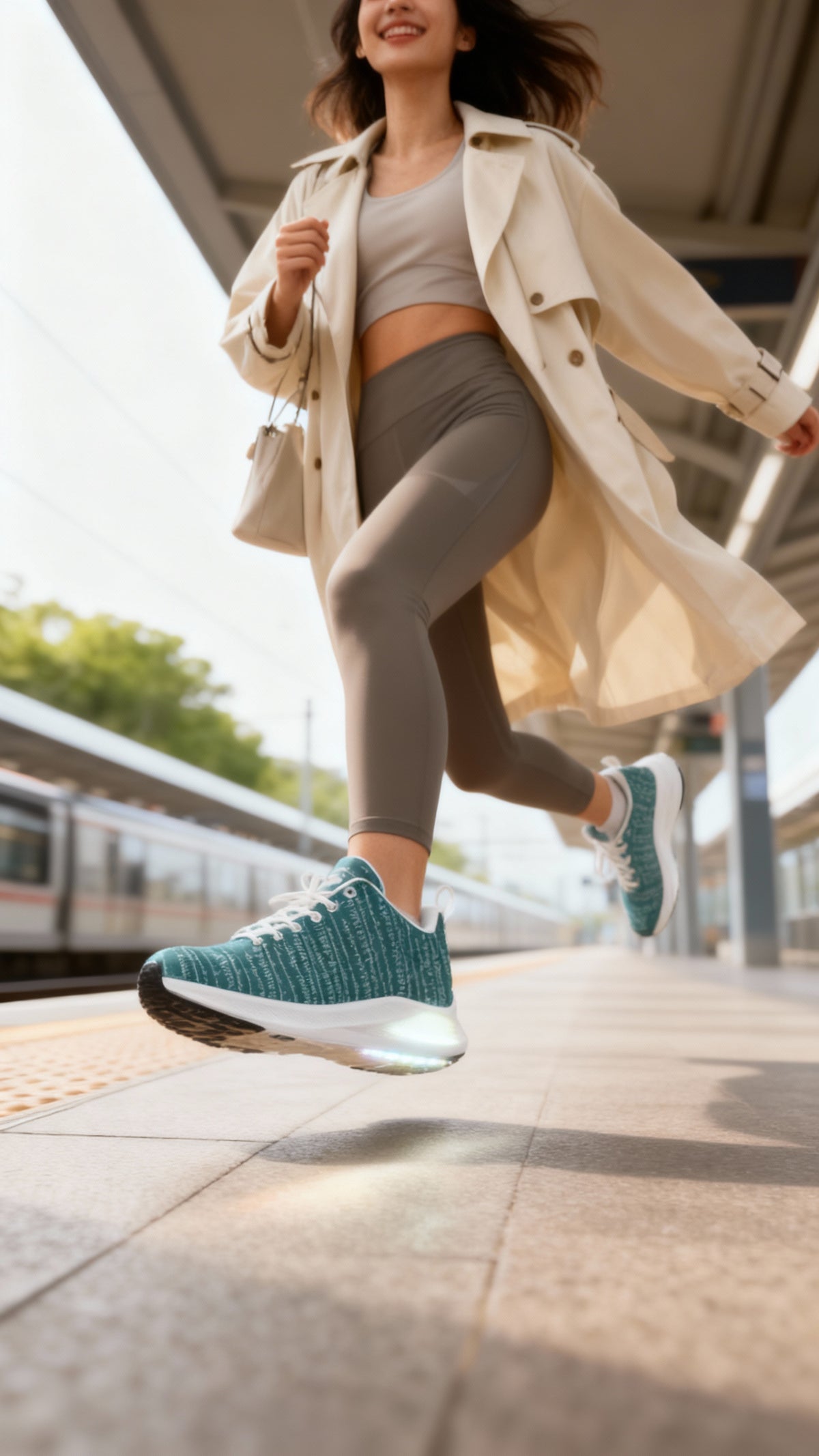 Bikram Ember iSquared Women Runners in teal, paired with gray leggings and a light cream trench coat, on a train platform.
