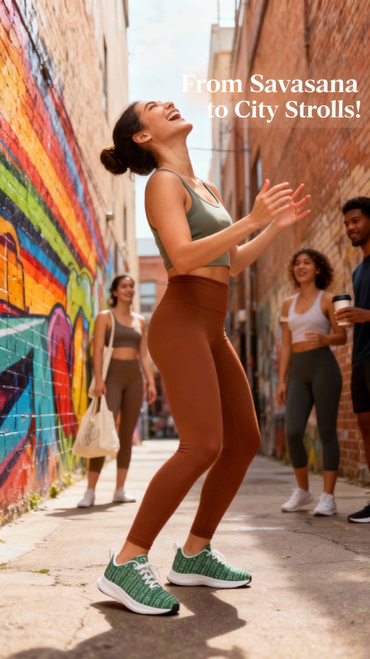 Bikram Ember iSquared Runners in green with white soles, paired with brown high-waisted leggings and a light tank top.