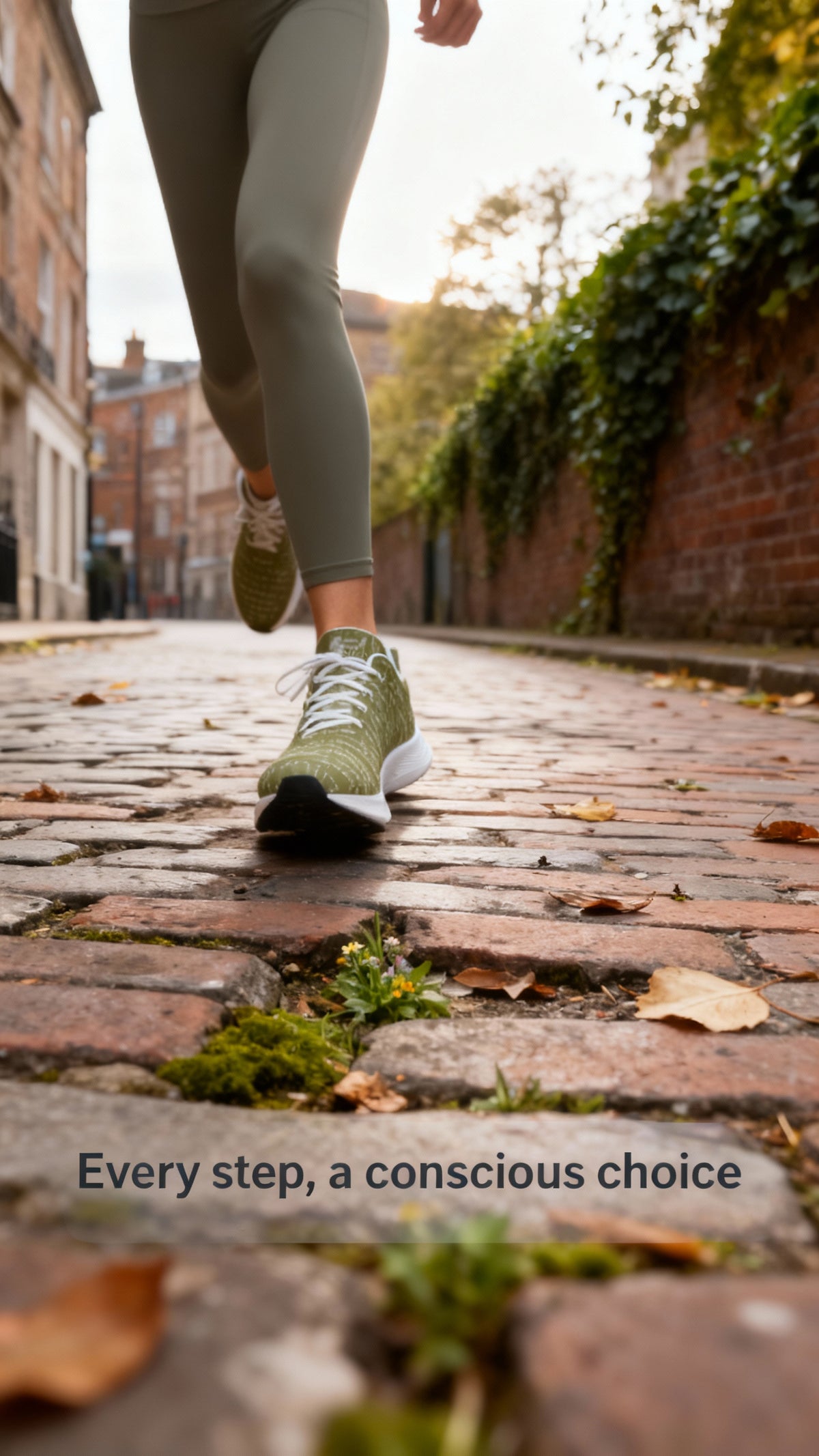 Green and white iSquared Runners worn by a model in fitted olive leggings, stepping on a cobblestone path.