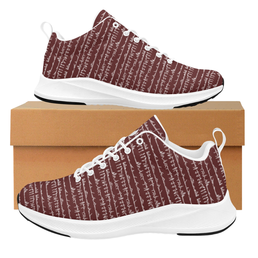 Bikram Ember iSquared Women Runners in burgundy with a textured white pattern on the upper, set against a box.