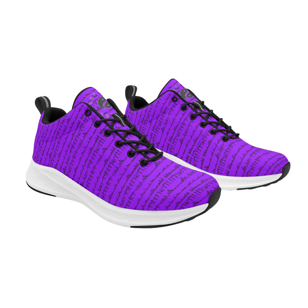 Purple runners with a textured pattern, featuring black laces and accents on a white sole. Lightweight and stylish design.