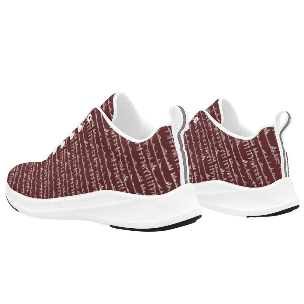 Bikram Ember iSquared Women Runners in a maroon patterned faux suede with white accents, featuring a sleek design and reflective details.