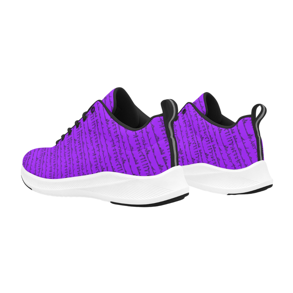 Men's runners in bright purple with a textured pattern, featuring a white outsole and soft black lining.