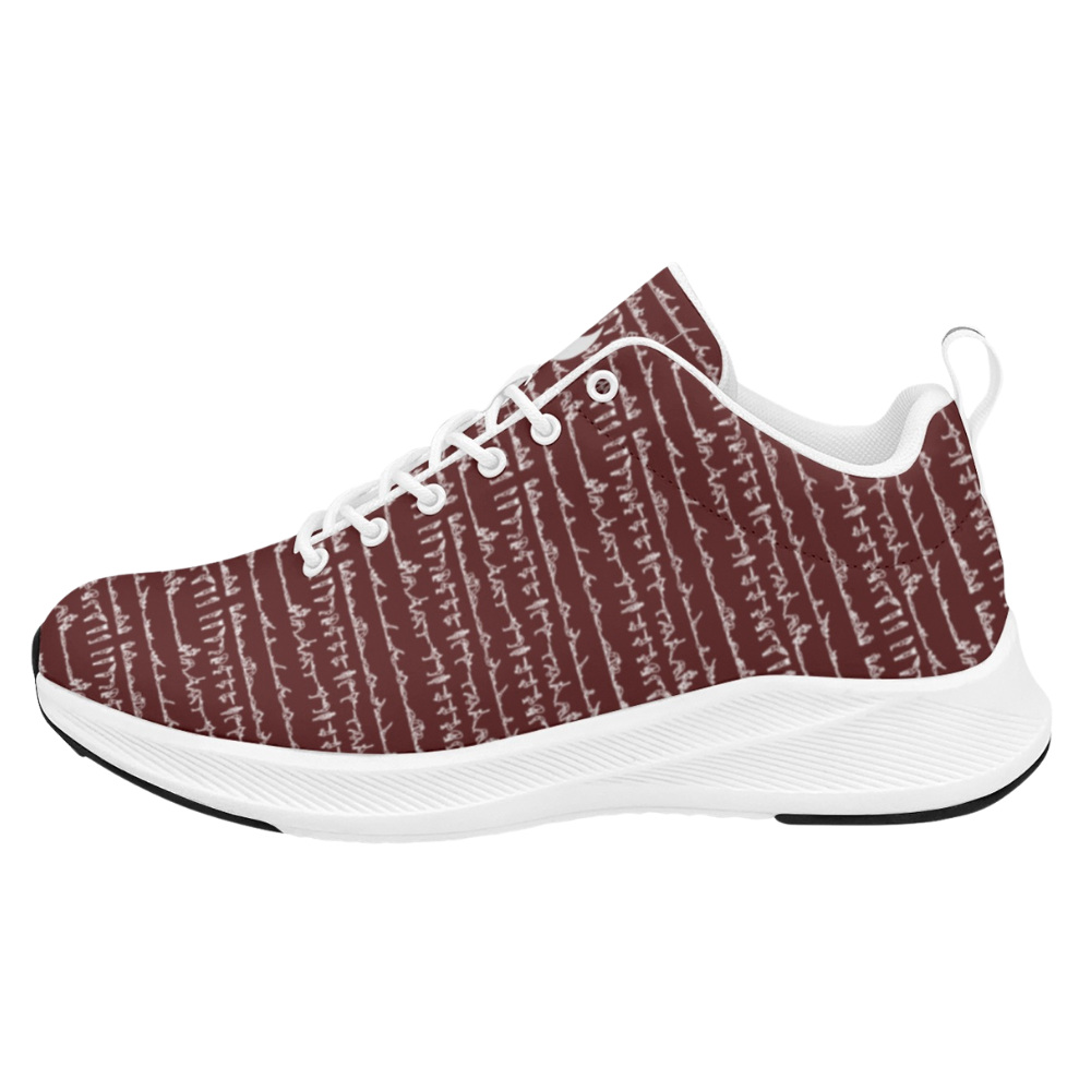 Bikram Ember iSquared Women Runners in maroon with white accents, featuring a textured pattern and breathable faux suede.