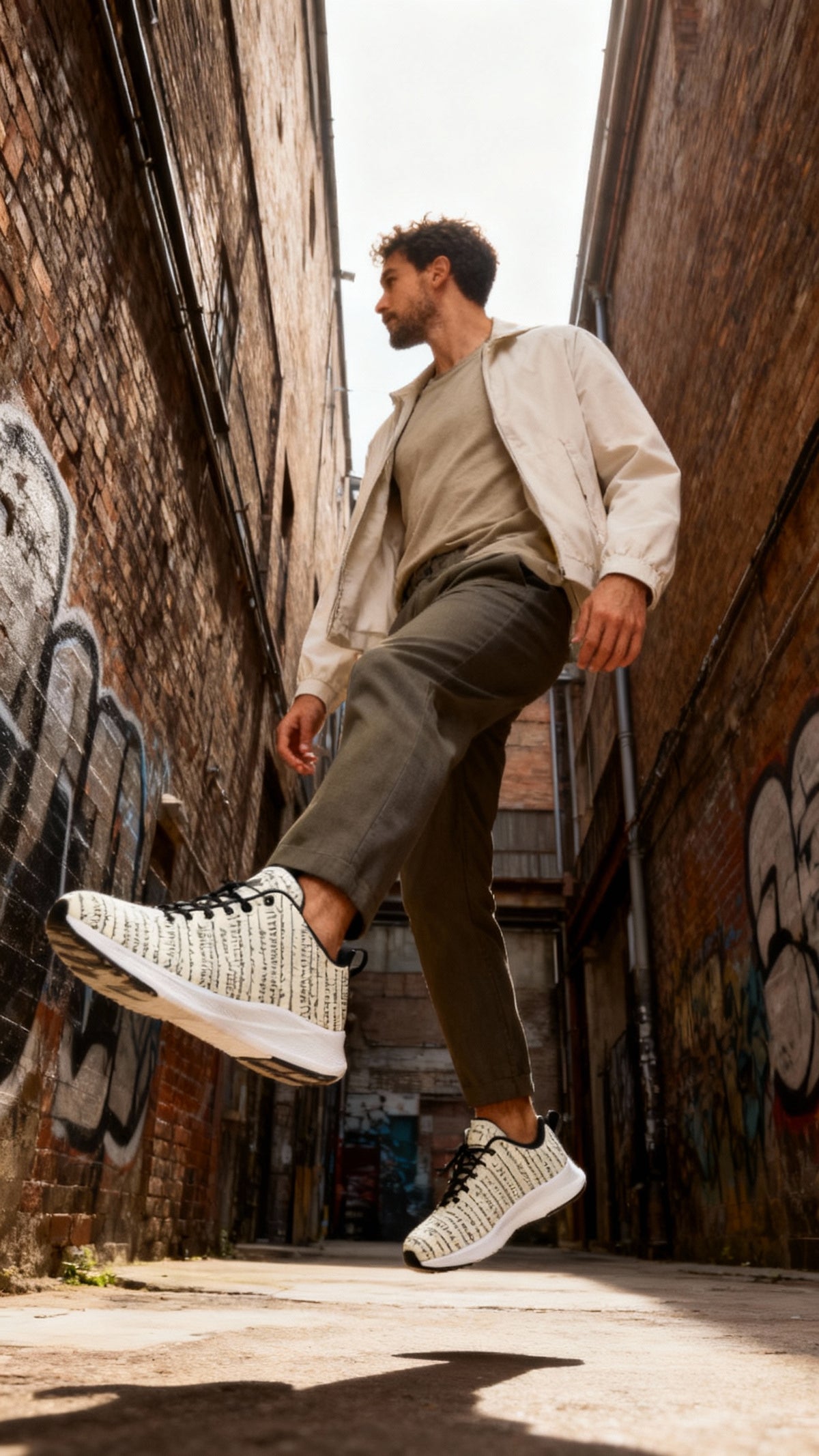 Men's iSquared Runners in a black and white print, worn casually with olive pants and a light jacket, in an alleyway.