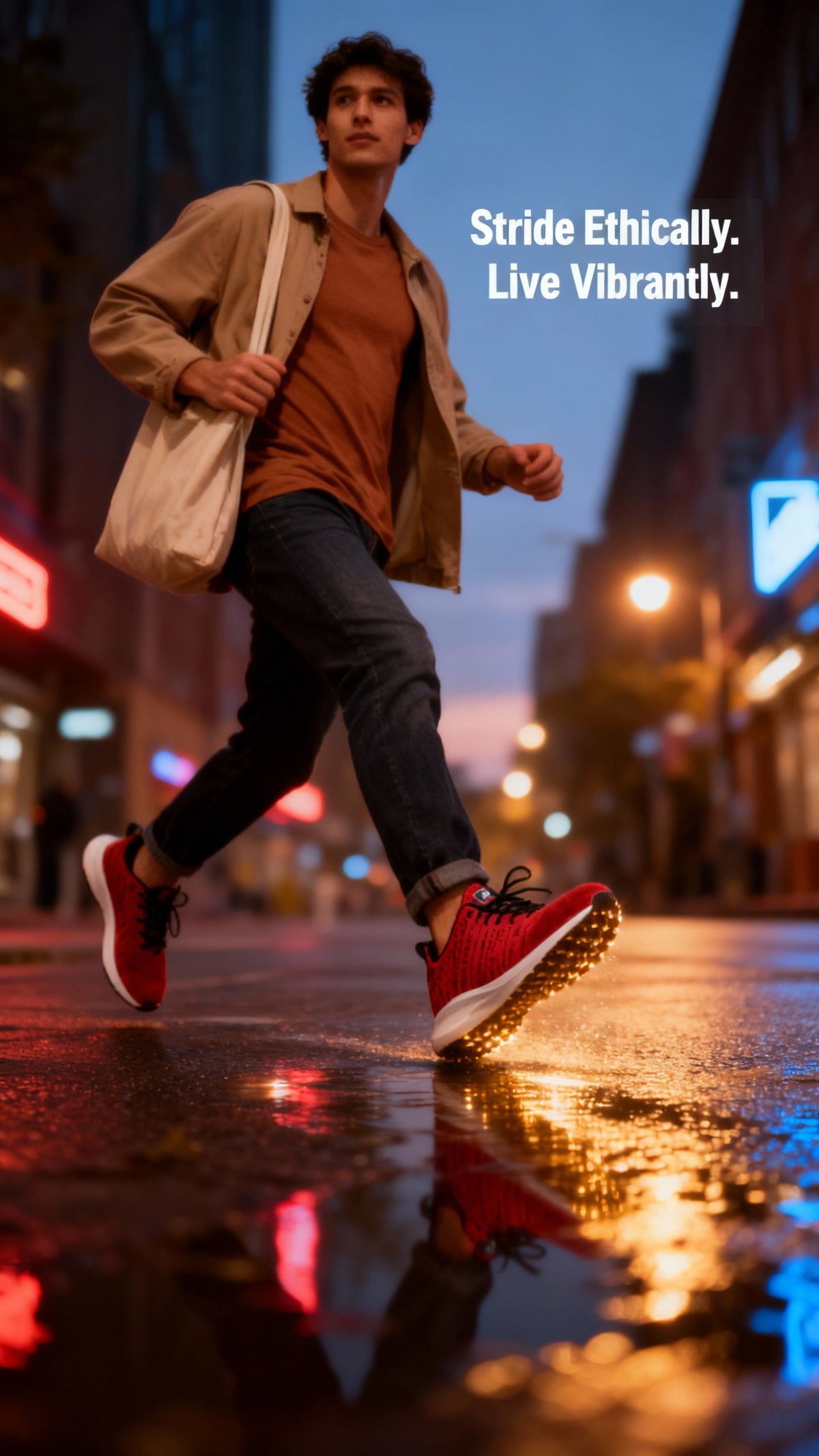 iSquared Men Runners in red and black, worn by a model walking on wet pavement, showcasing reflective details.