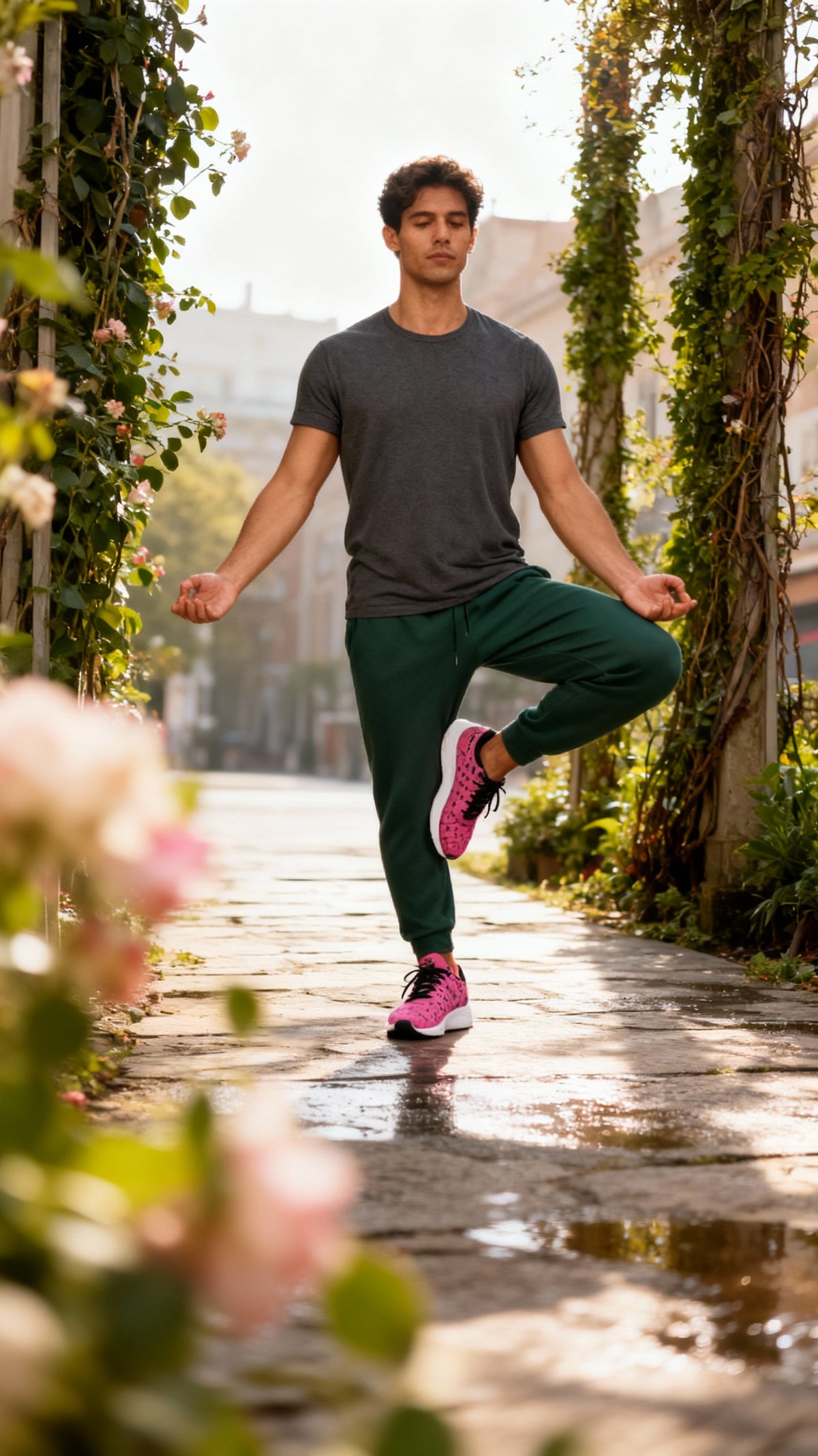 Men's iSquared Runners in vibrant pink with a breathable faux suede upper, paired with green joggers, worn during a yoga pose outdoors.