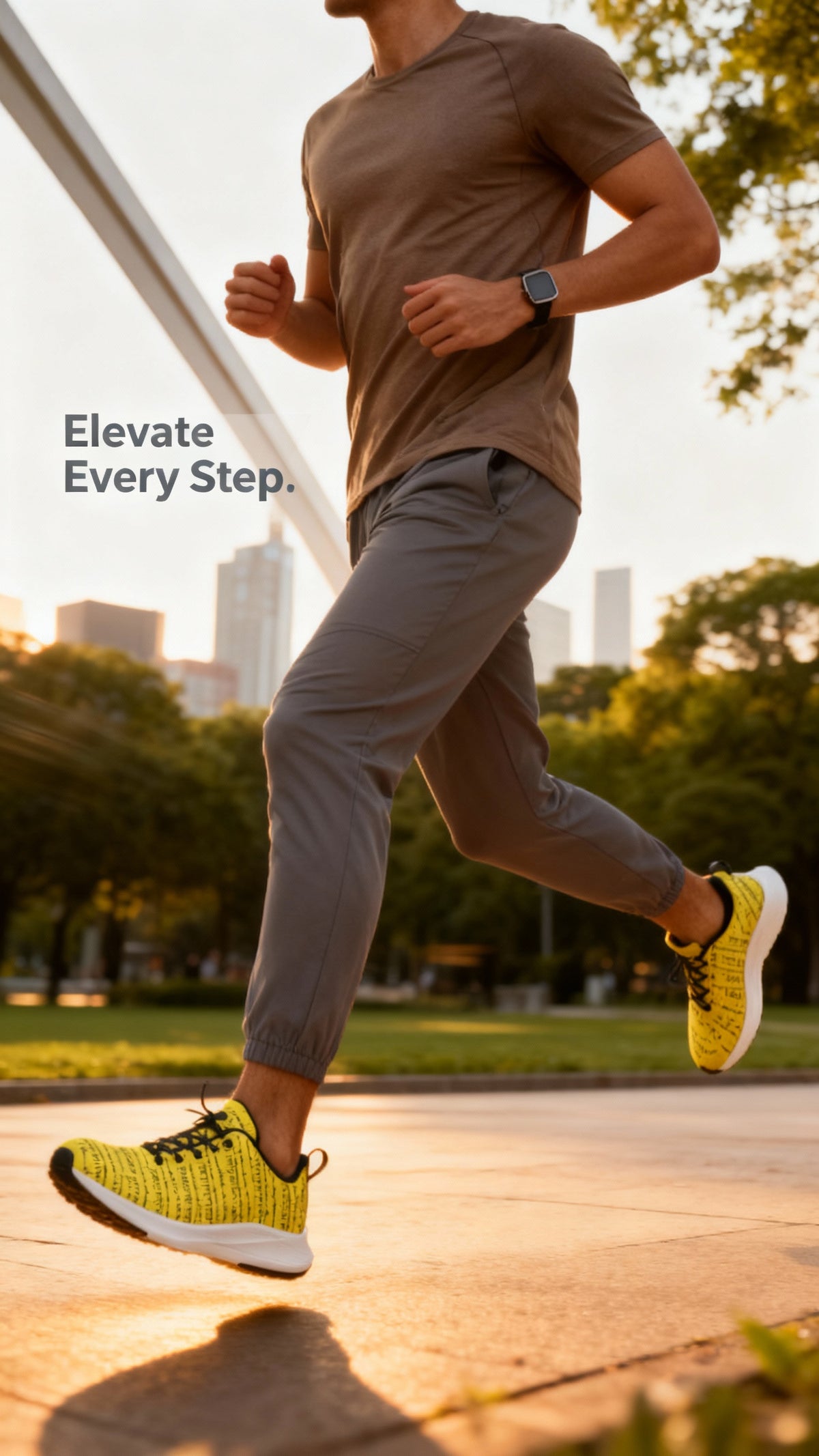 Bright yellow iSquared Men Runners with a textured pattern, worn by a man in gray joggers, running outdoors.