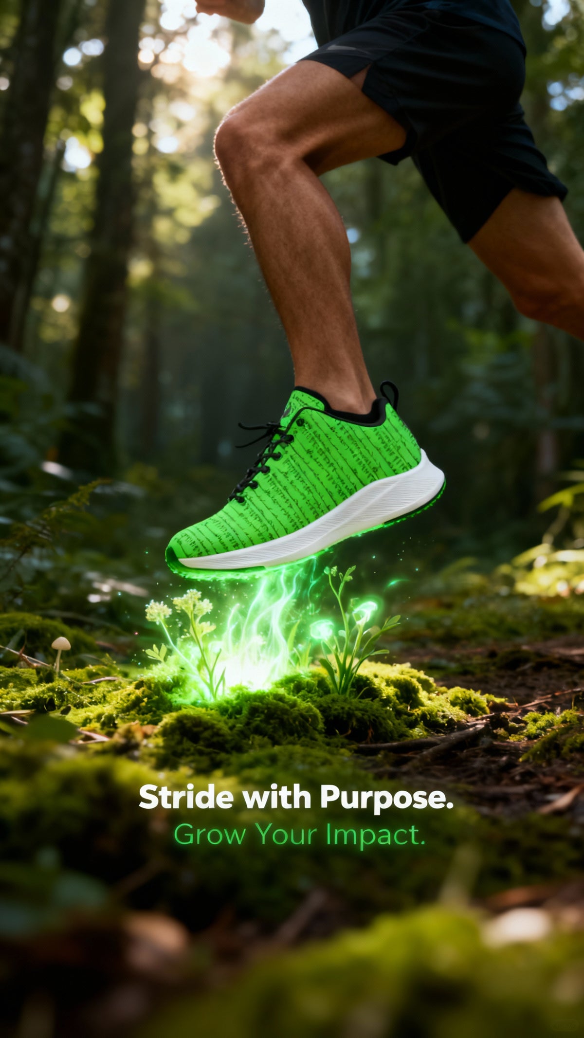 Bright green iSquared Men Runners in action, featuring a breathable design and reflective accents, set against a forest backdrop.