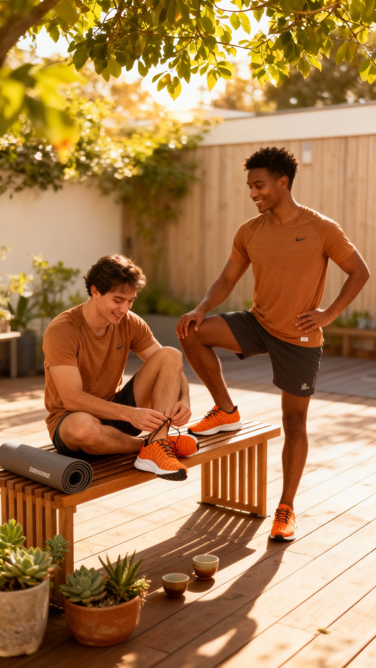Two men are sitting on a wooden bench outdoors. One is wearing orange iSquared Men Runners and tying his shoelaces, while the other, in a brown shirt and shorts, smiles and leans casually. A yoga mat and potted plants are nearby.