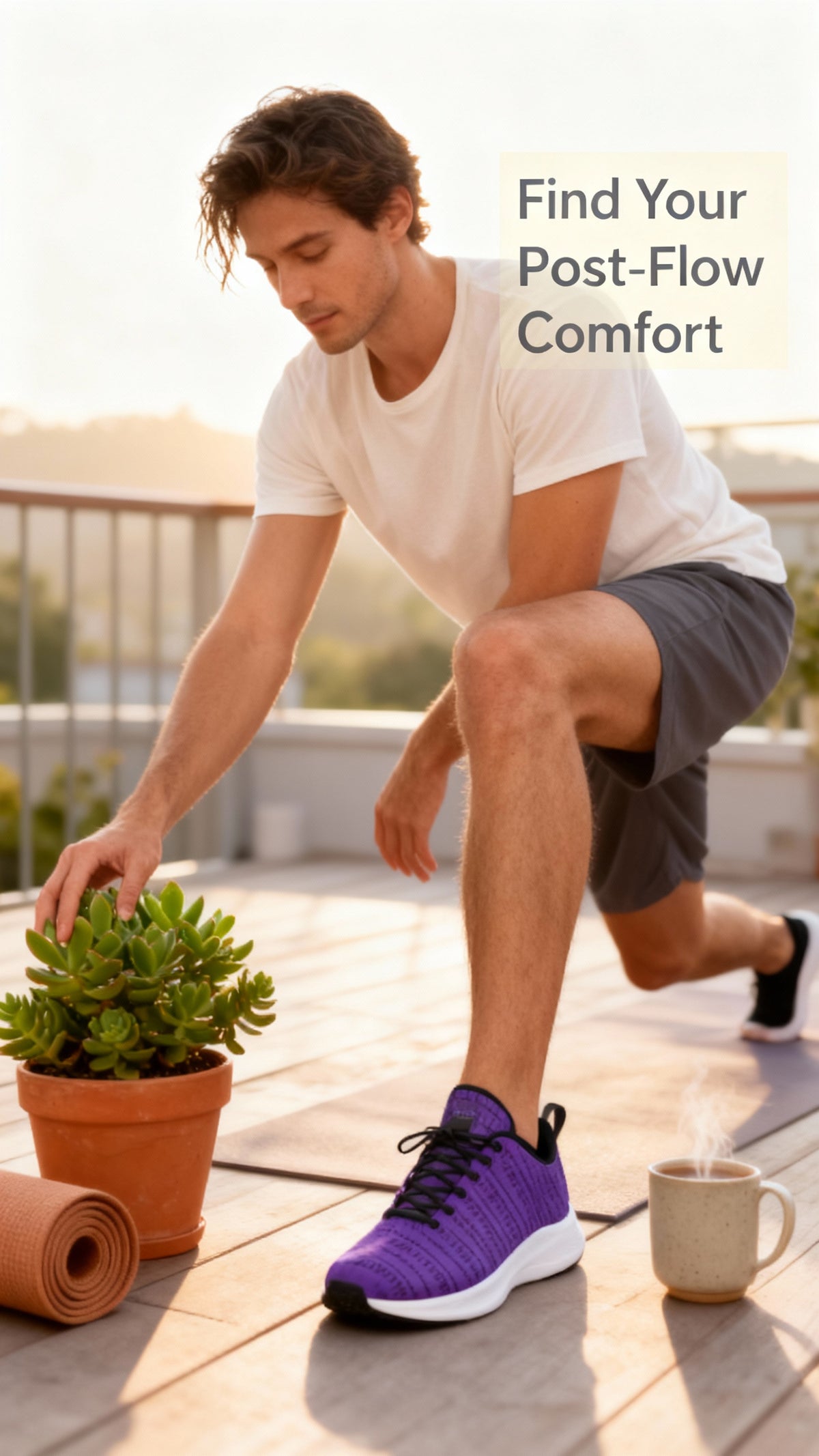 Men's iSquared Runners in vibrant purple, featuring a breathable faux suede upper, paired with casual shorts and a t-shirt.