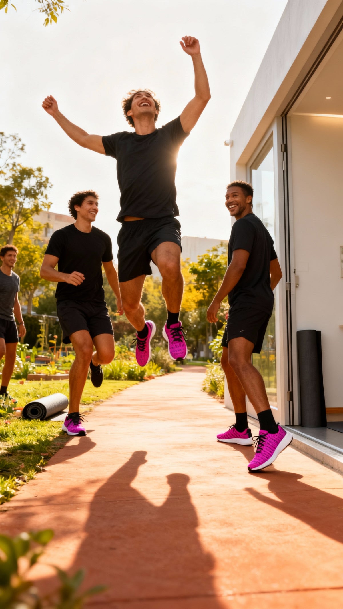 Men's iSquared Runners in pink, worn casually while jumping outdoors with friends, showcasing athletic design and comfort.