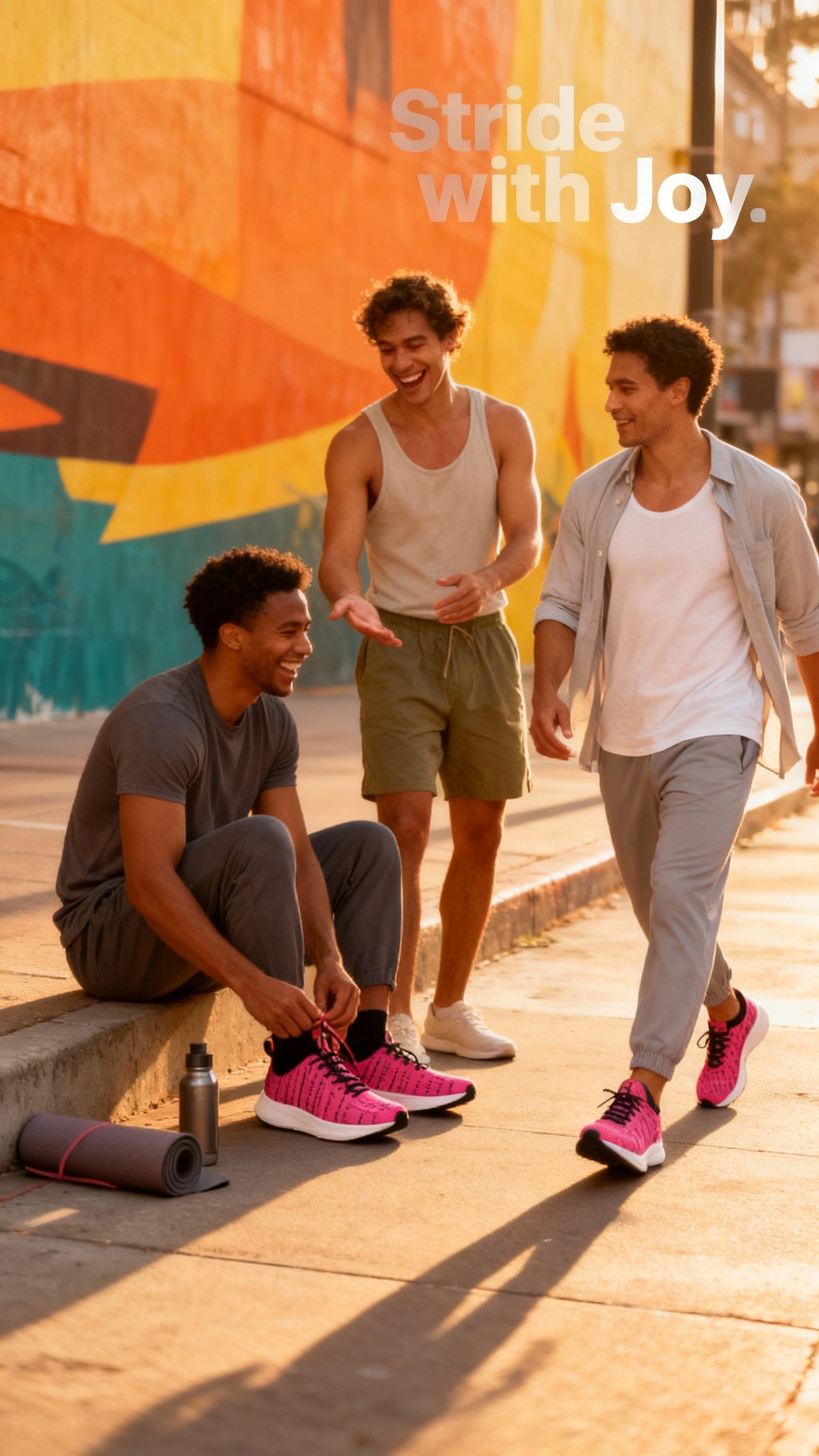 iSquared Men Runners in pink with black accents worn by a man sitting, with two friends nearby in casual athletic wear.