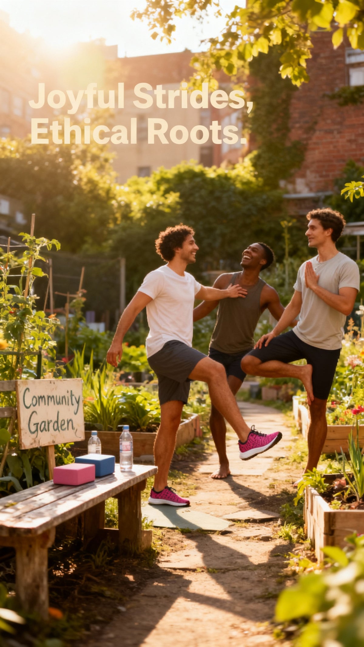 Men are playfully interacting in a garden setting, wearing casual activewear and iSquared Men Runners in pink.