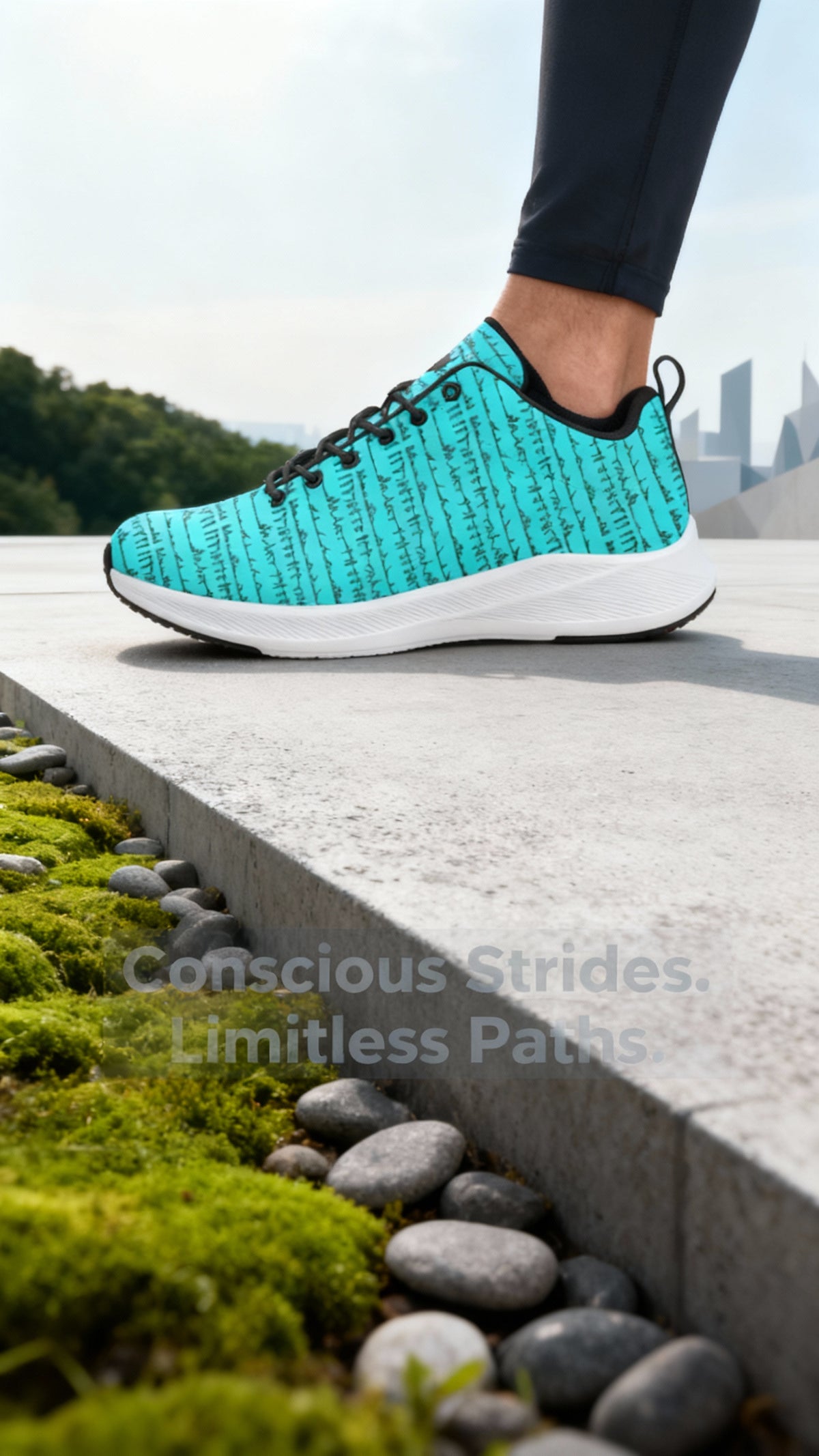 Turquoise iSquared Men Runners feature a textured pattern, black laces, and a white outsole, shown on a foot near greenery.