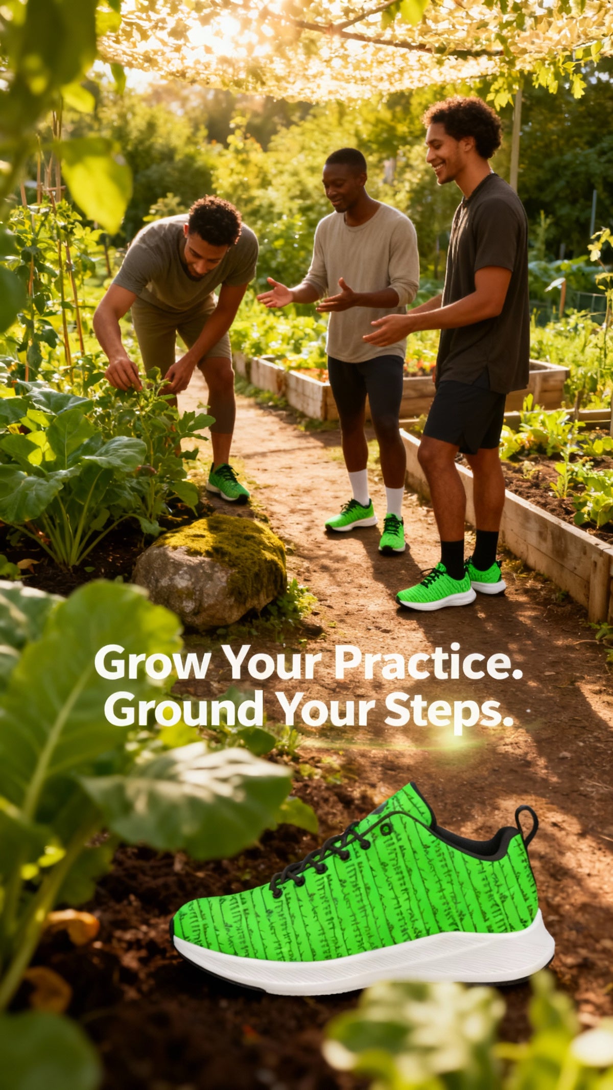 Bright green iSquared Men Runners feature a textured surface and black accents, displayed in a garden setting.