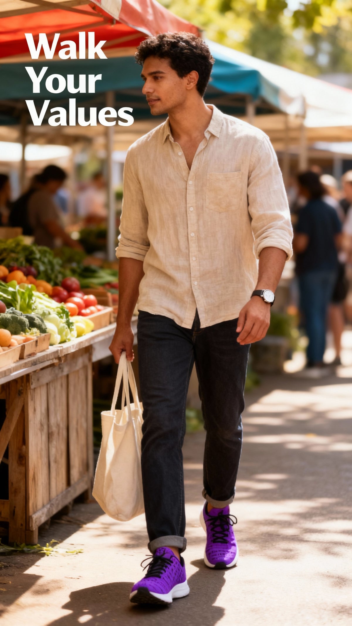 Men's iSquared Runners in vibrant purple, worn with dark jeans and a light shirt. Casual look for a market outing.
