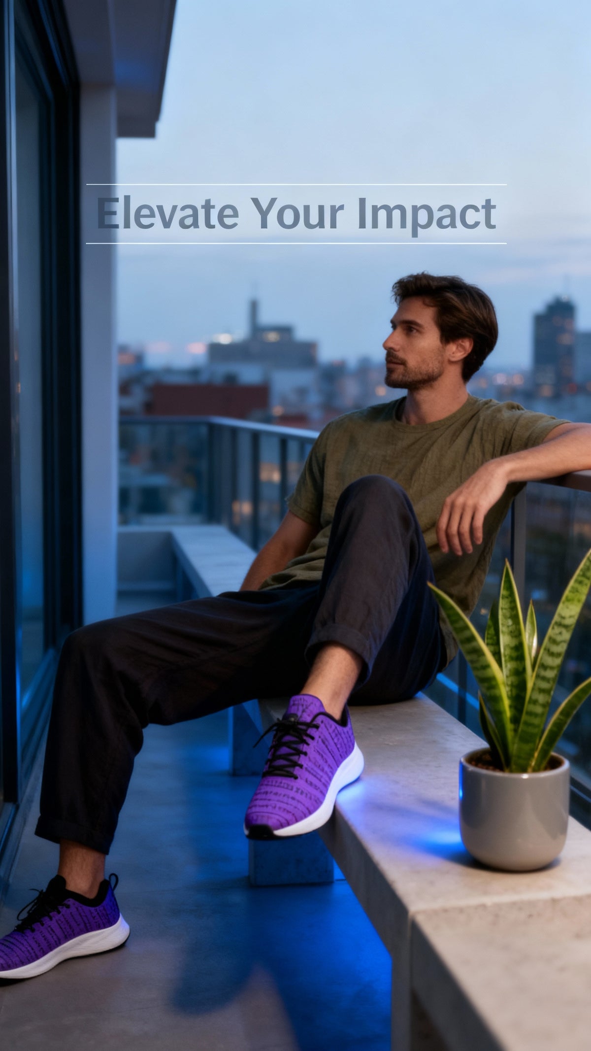 Purple iSquared Men Runners on a man’s feet, paired with black relaxed-fit pants and a green short-sleeve shirt.