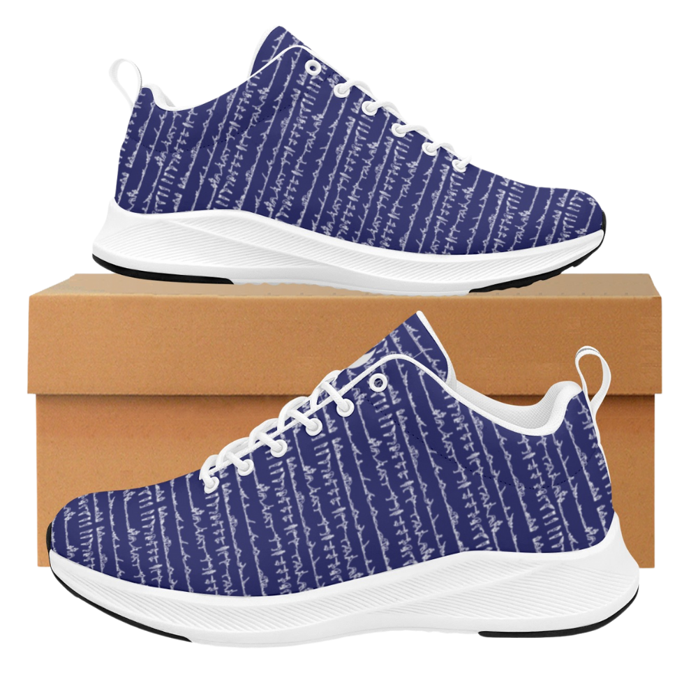 Bikram Ember iSquared Women Runners in deep blue with white abstract pattern, featuring a breathable design and durable rubber outsole.