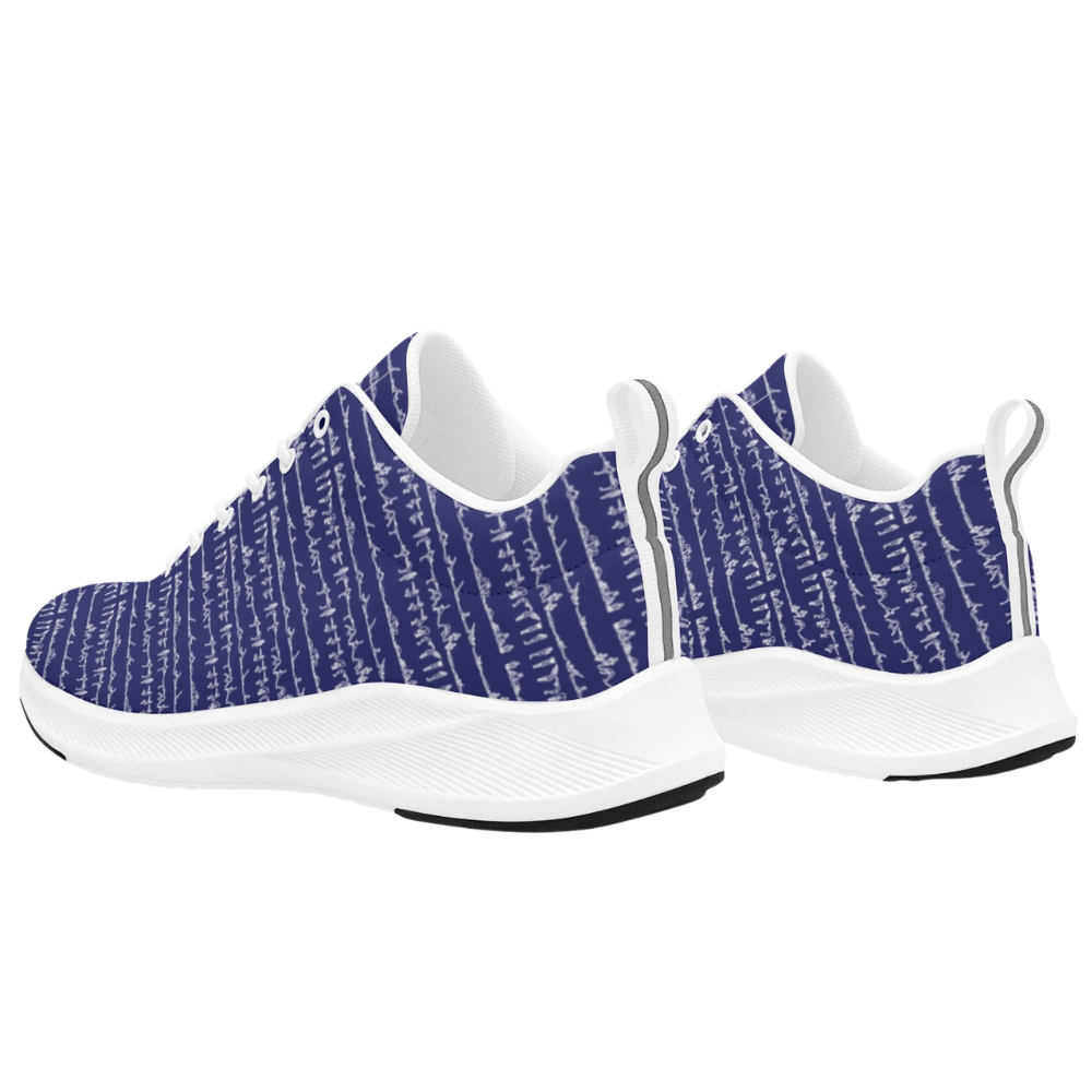 Bikram Ember runners featuring a dark blue patterned upper with white accents and a sleek, modern design.