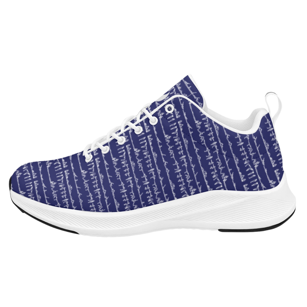 Navy and white running shoes with a textured pattern, featuring a breathable faux suede upper and reflective details.