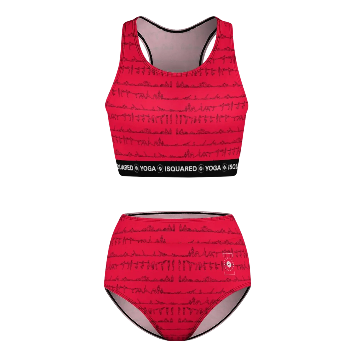 Neon red hot yoga bikini set featuring a graphic print of yoga poses, racerback top, and high-waisted bottom.