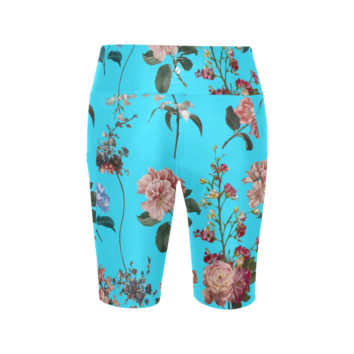 High-waisted biker shorts in vibrant turquoise with a floral botanical print, ideal for activewear and yoga.