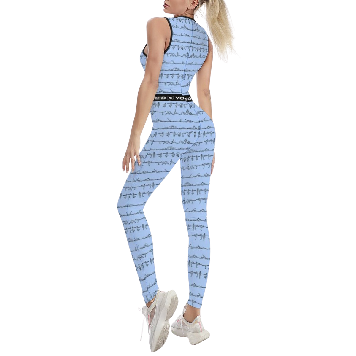 Sleeveless blue jumpsuit featuring a subtle pattern, form-fitting design, and a comfortable elastic waistband.