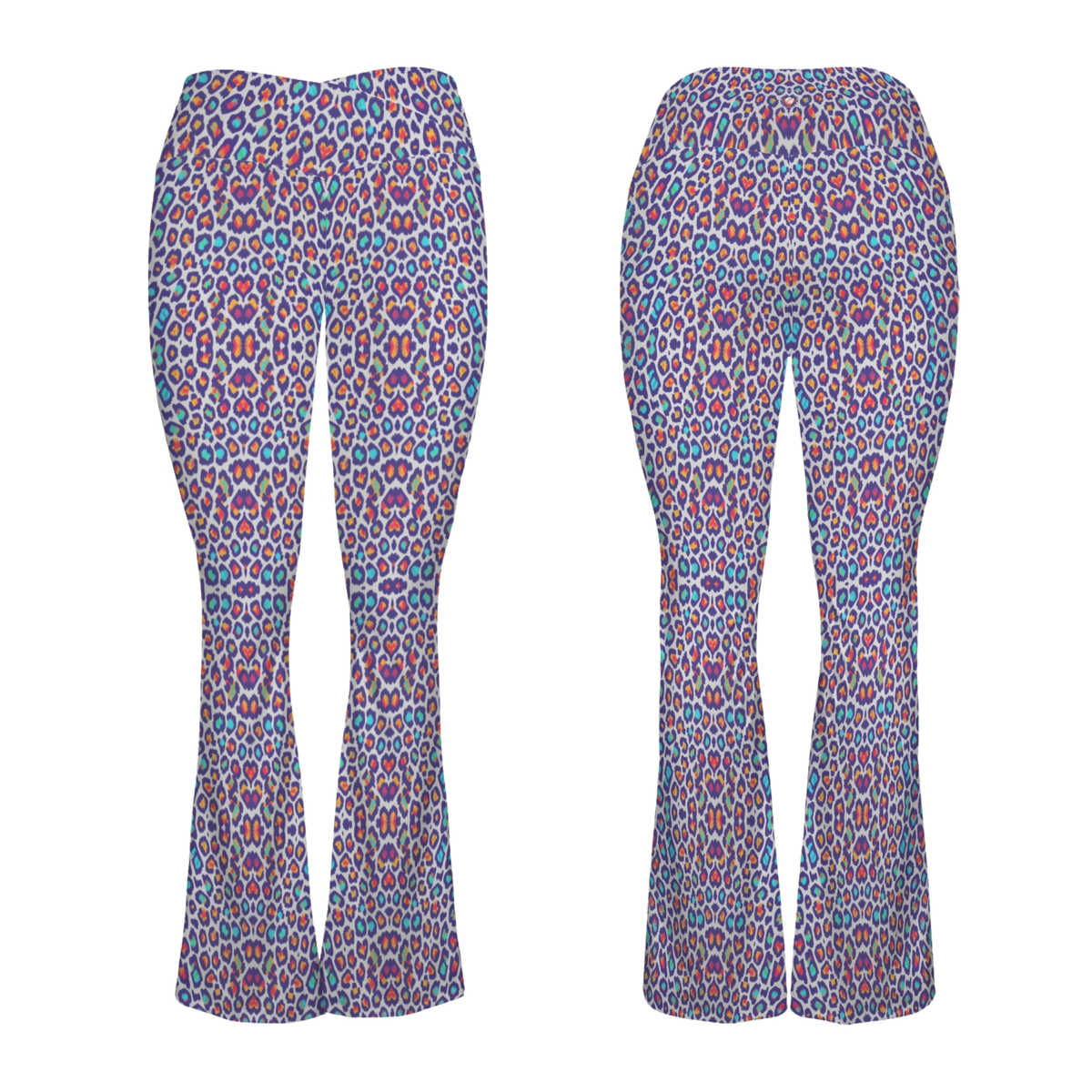 Flare leggings featuring a colorful wild leopard print with a crossover waistband and graceful flared legs.