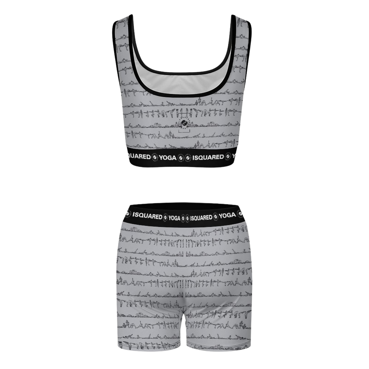 Bikram Pastel yoga set in soft grey with black waistband, featuring a sporty crop top and matching shorts printed with yoga poses.