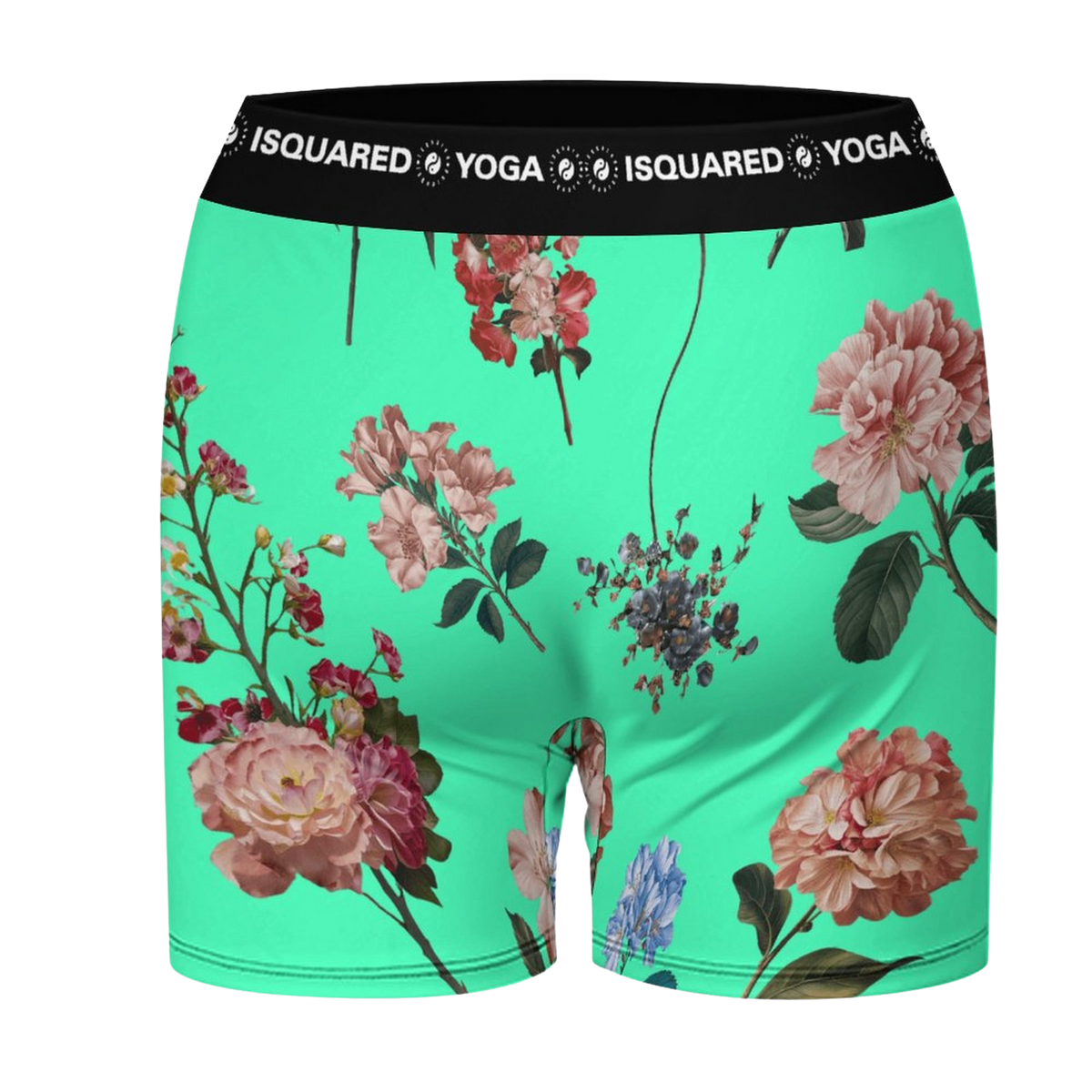 Botanicals iSquared Yoga Shorts in vibrant turquoise, featuring a floral pattern with pink and red flowers, elastic waistband.