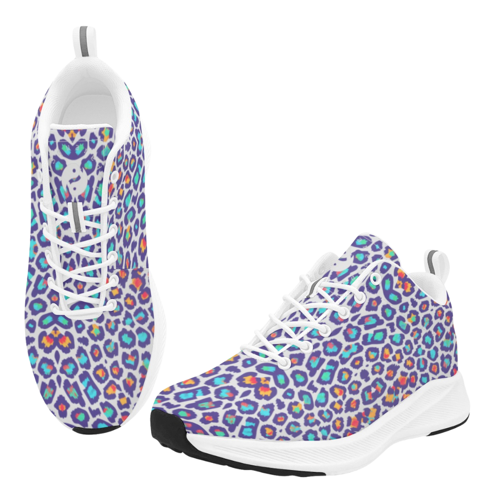 Colorful running shoes featuring a Wild Leopards print with purple, blue, orange, and black details; lightweight design with laces.