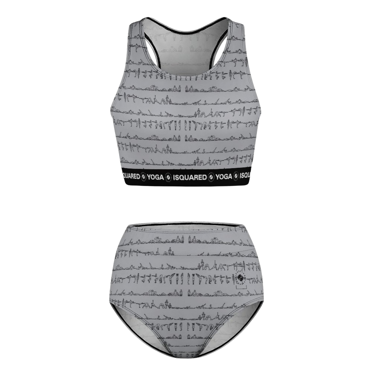 Bikram Pastel hot yoga bikini set in calming grey with yoga pose graphics, featuring a supportive sports bra and high-waist bottom.