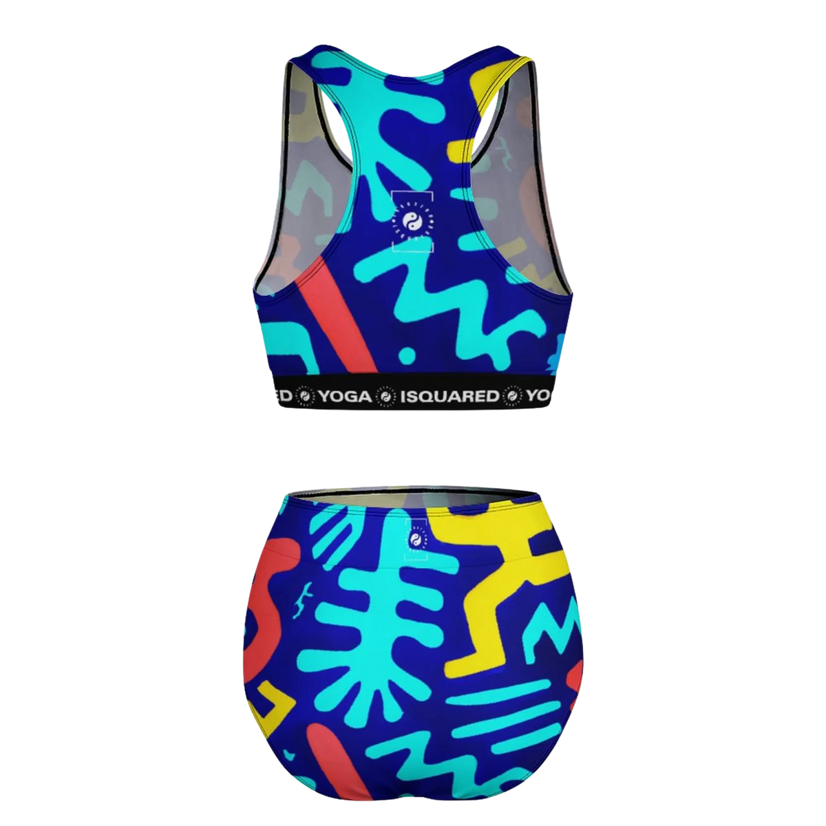 Vibrant blue hot yoga bikini set featuring a geometric pattern, adjustable straps, and a supportive band for premium comfort.
