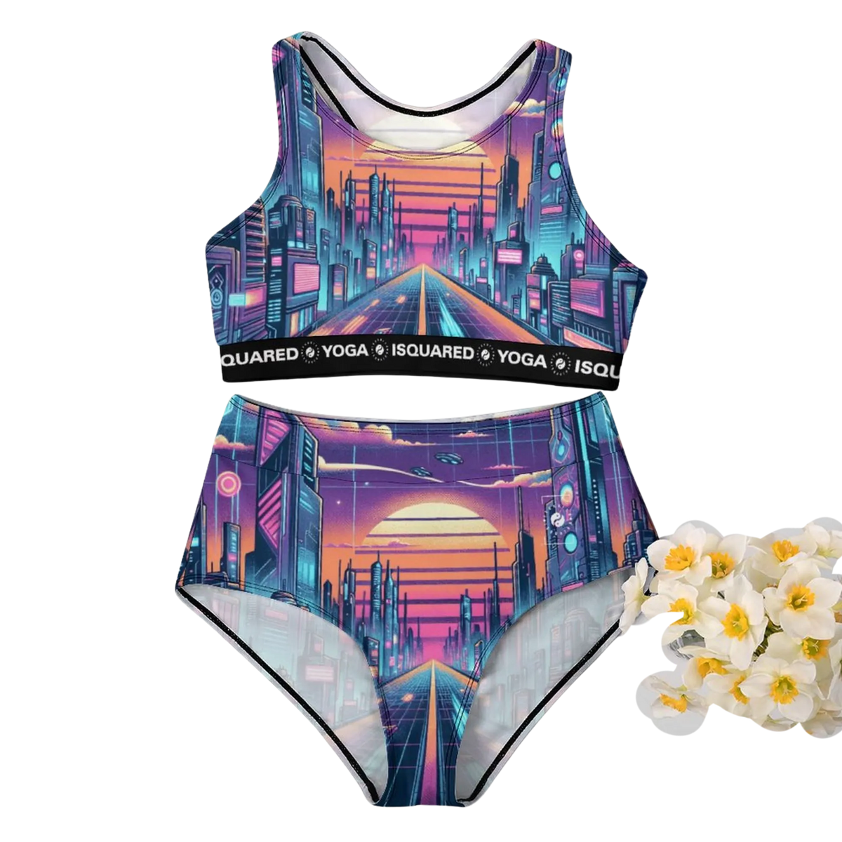 Vibrant hot yoga bikini set features a colorful cityscape print, with a crop top and high-waisted bottoms.