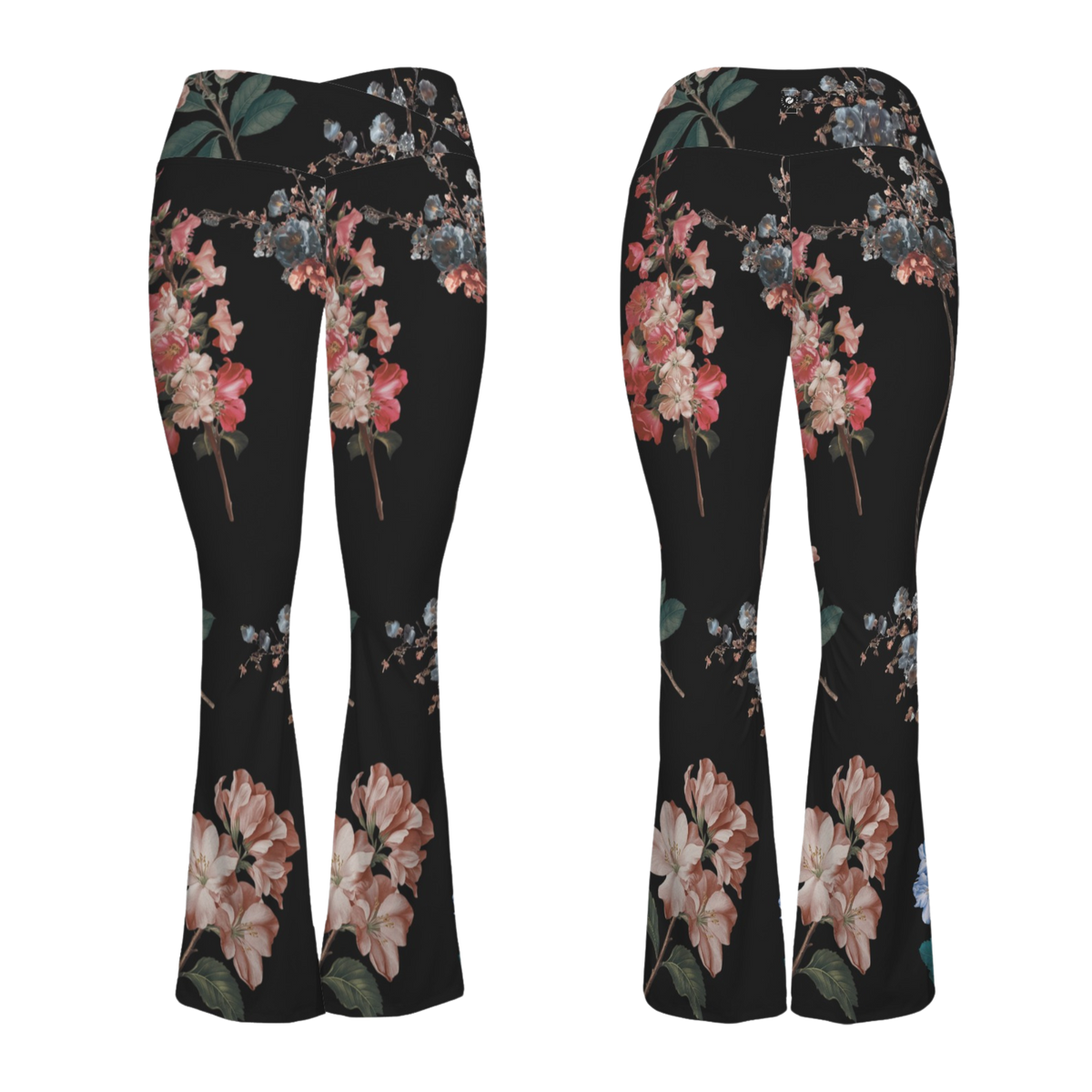 Flared leggings featuring a black background with a botanical floral print in pink and blue tones, high waistband.