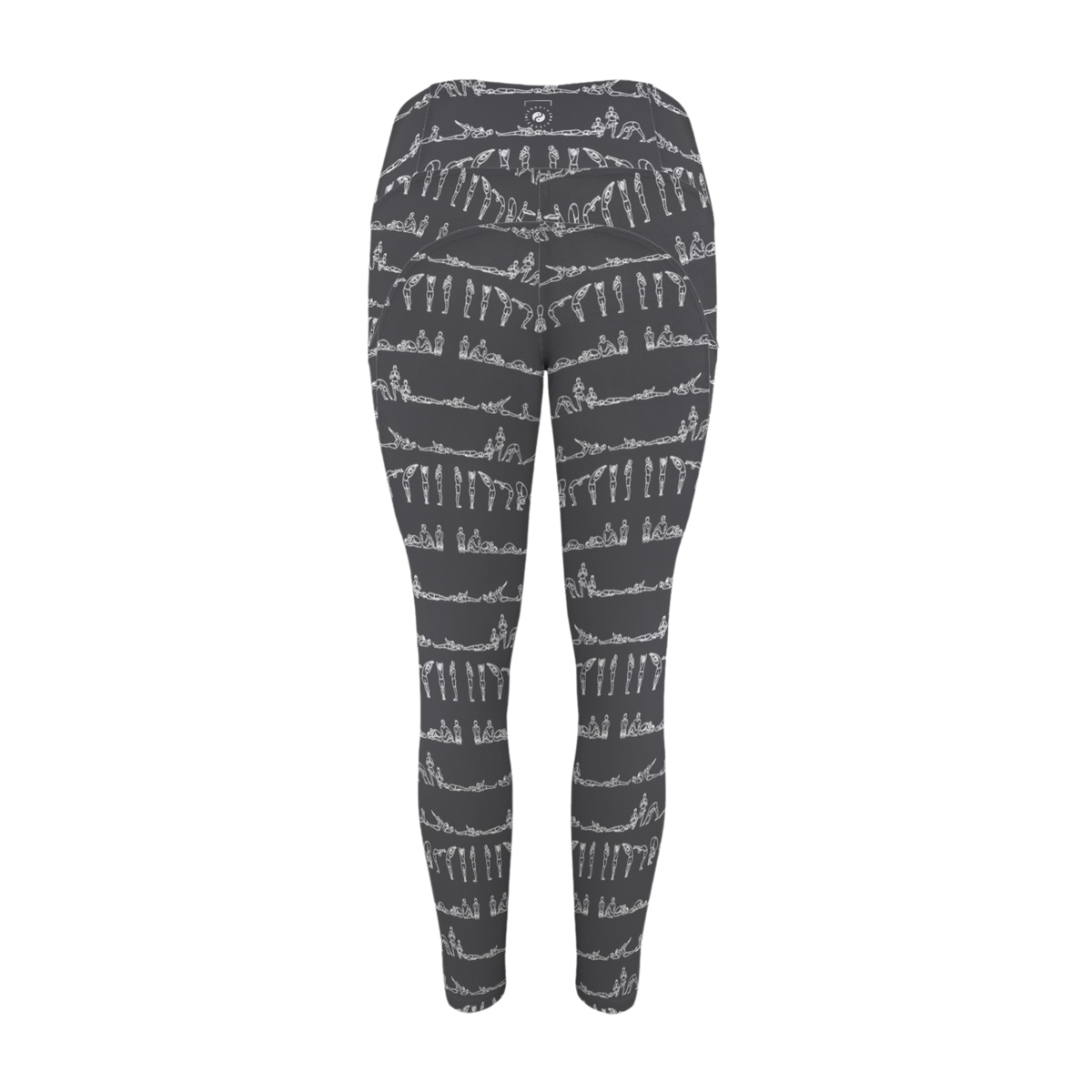 High-rise pocket leggings in dark gray showcasing a white yoga posture print, ideal for active movement and comfort.