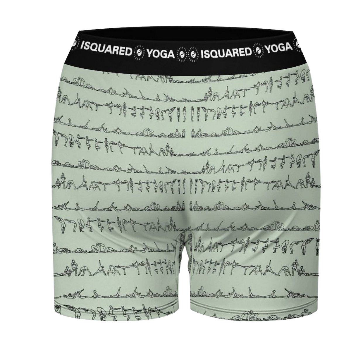 Pastel green yoga shorts featuring a black waistband, adorned with line drawings of yoga poses all over.