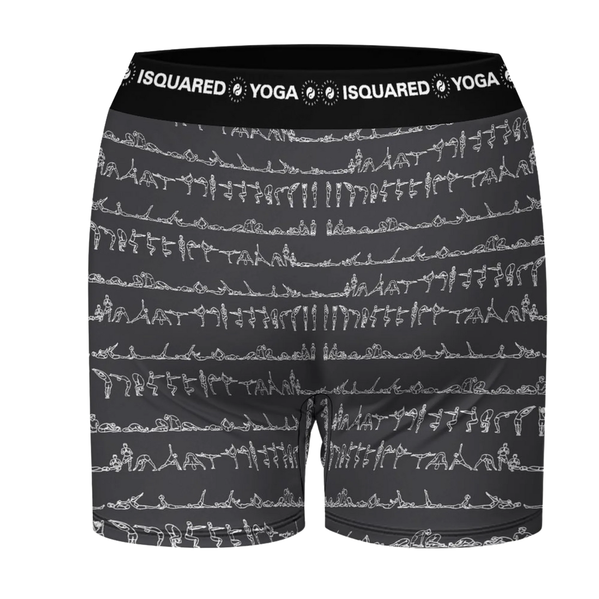 Bikram Ember iSquared Yoga Shorts in black feature a white artistic print of yoga poses and a wide elastic waistband.