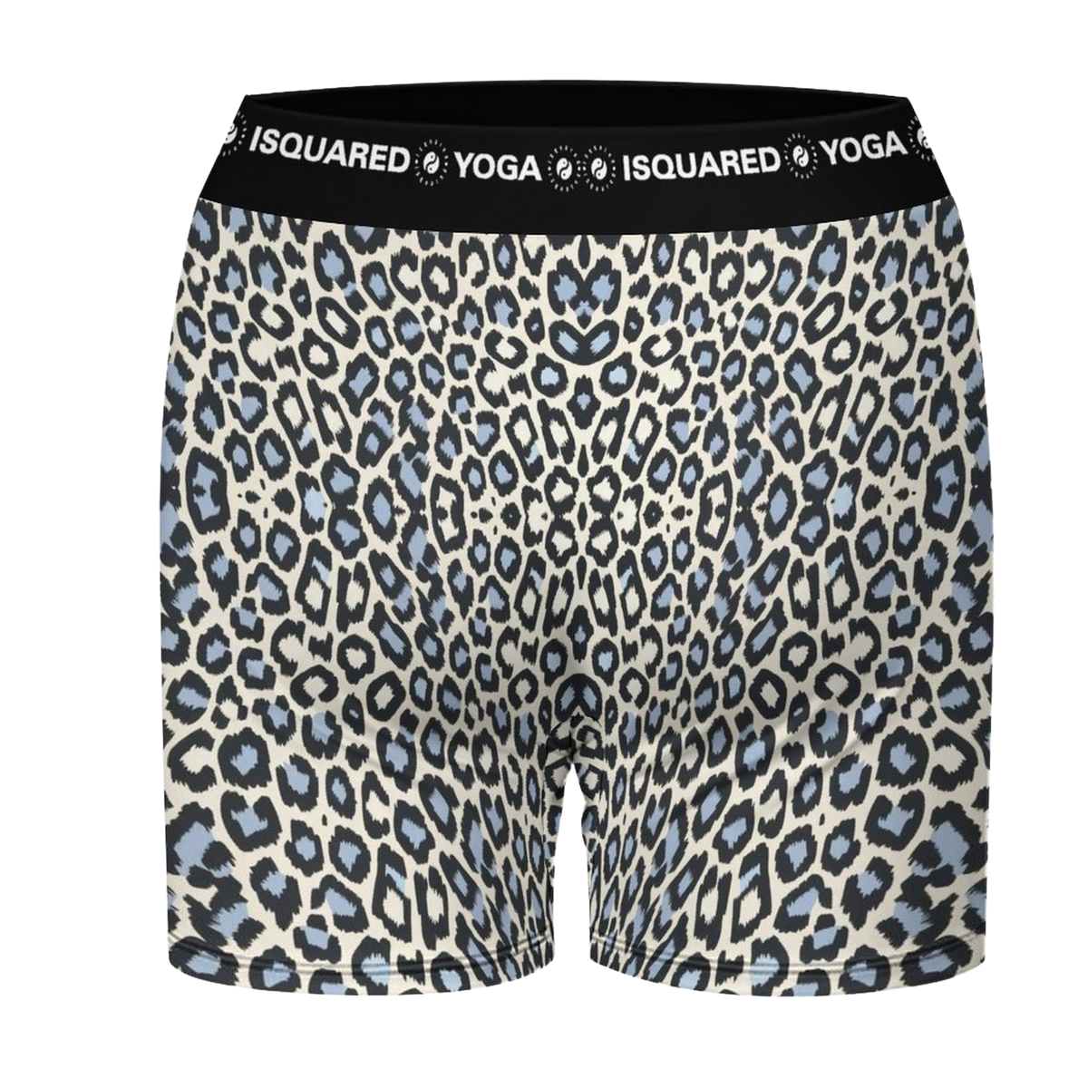 Vibrant Wild Leopards iSquared Yoga Shorts featuring a cool blue and black leopard print on a light beige background.