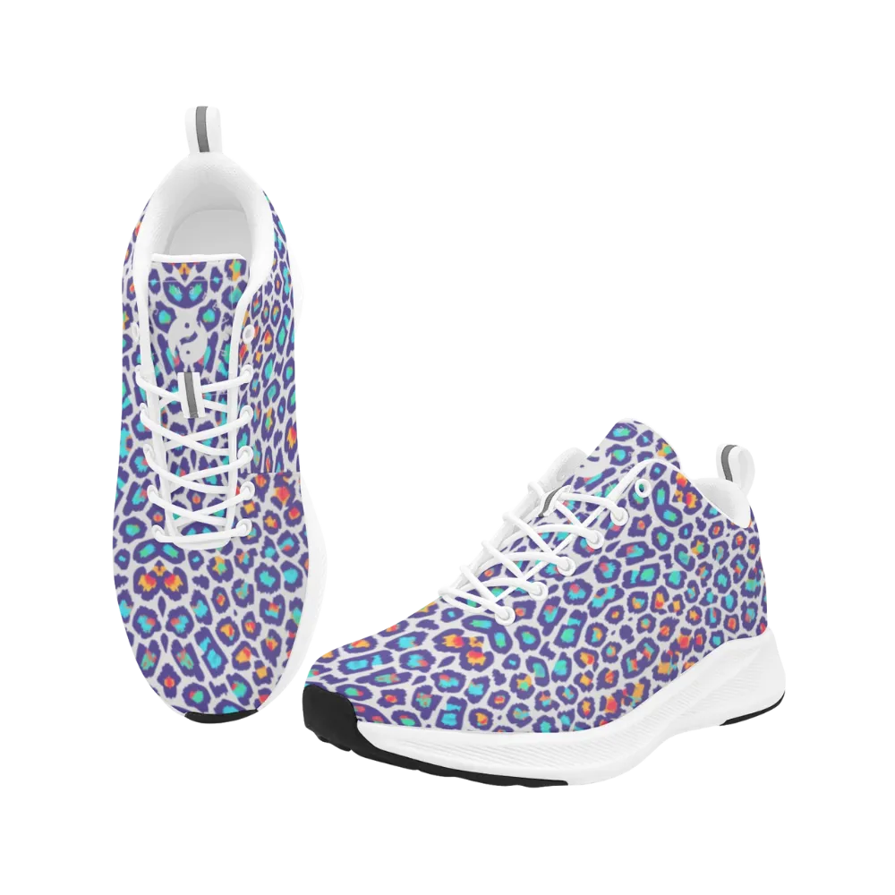 Men's runners featuring a colorful leopard print in shades of purple, blue, and orange, with a white sole and laces.
