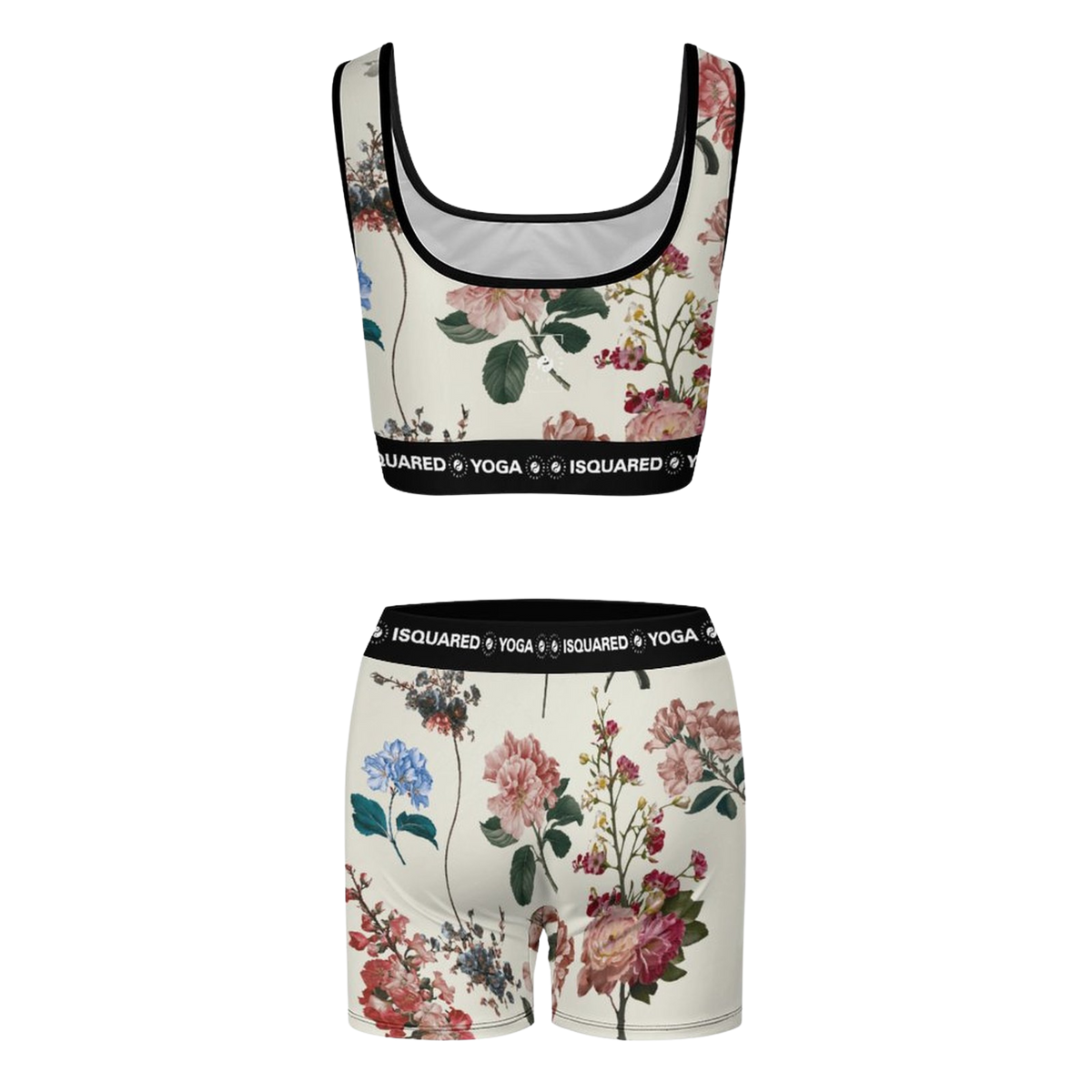 Botanicals iSquared Yoga Set featuring a floral pattern in shades of pink and blue, with a black logo waistband and cropped top.